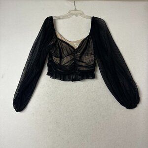 Meraki top shirt sz L black mesh sheer puff sleeves cropped overlay‎ witchy vamp